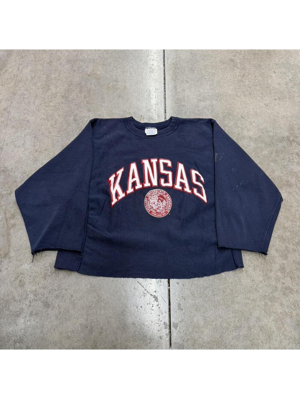 vintage university of kansas champion made in usa cut off reverse weave crewneck